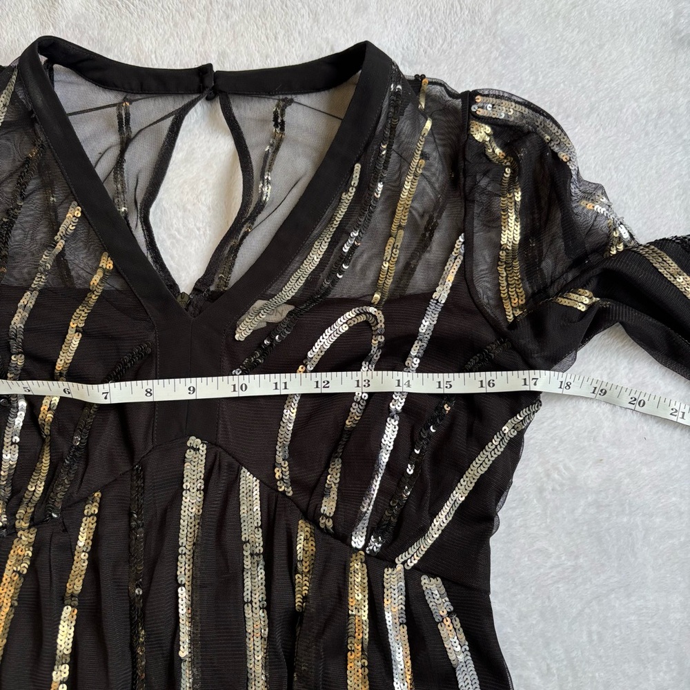 Monsoon Black Long Sleeve Sliver & Gold Sequin Dress With Sheer Lining. Size 6. - Picture 5 of 8